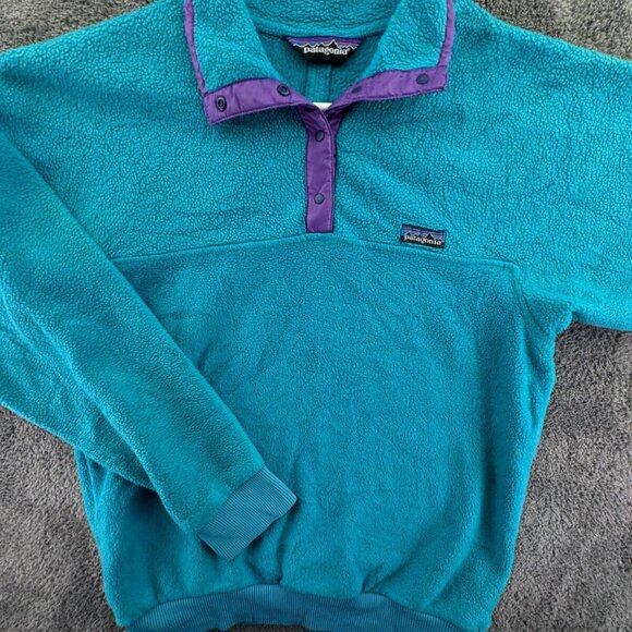 VTG Patagonia Womens Jacket Adult Fleece Purple Blue 1/4 Snap Pullover W/ Logo - Picture 1 of 15